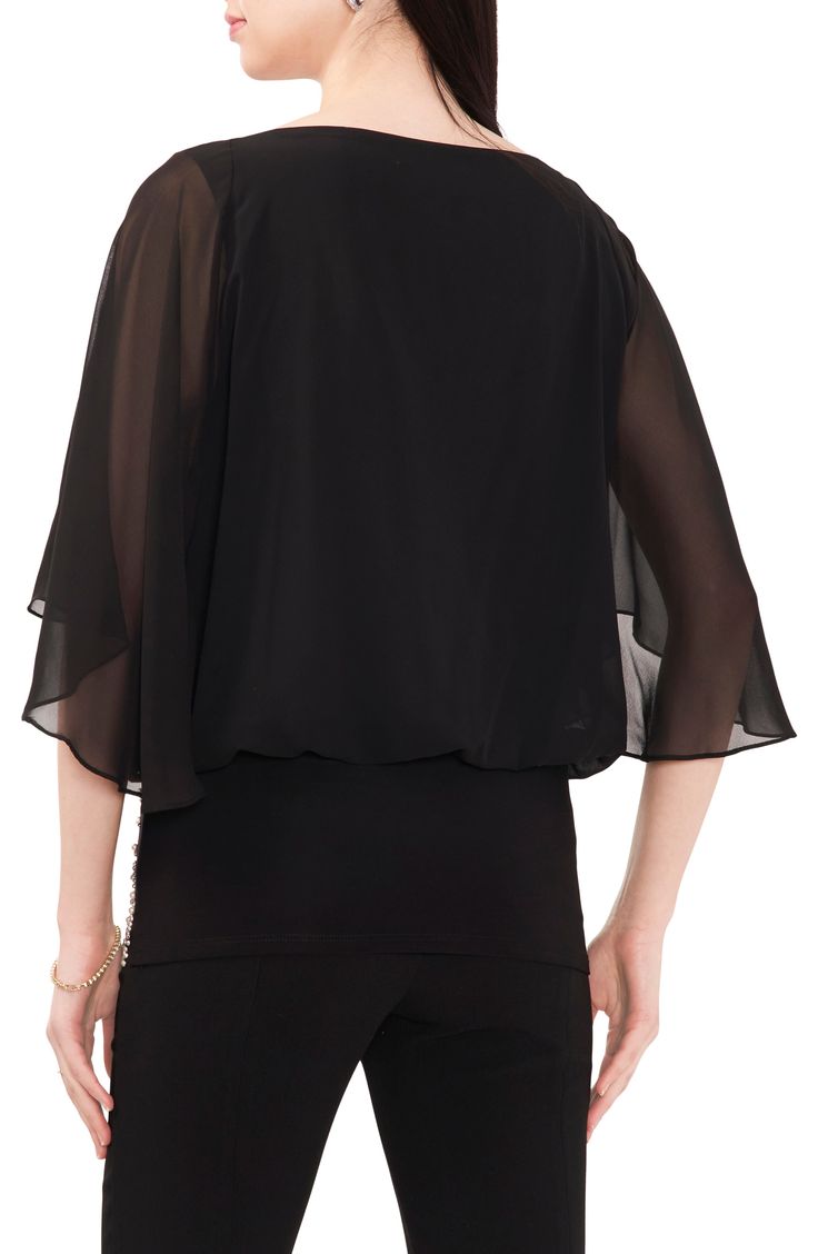 Bring instant glam to your look with a top framed by sheer, flowy sleeves and a scalloped border design of rhinestones and imitation pearls. Ballet neck Three-quarter sleeves Partially lined 95% polyester, 5% spandex Hand wash, line dry Made in the USA Chic Embellished Evening Tops, Elegant Chiffon Blouse For Night Out, Chiffon Top With Sheer Sleeves For Night Out, Elegant Sheer Tops For Evening, Chic Fitted Tops With Overlay, Chiffon Blouse With Sheer Sleeves For Evening, Evening Chiffon Blouse With Sheer Sleeves, Elegant Sheer Evening Tops, Elegant Flowy Tops For Night Out