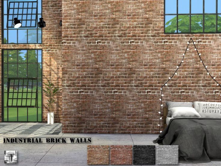 a bedroom with brick walls and windows in the corner, along with various color swatches