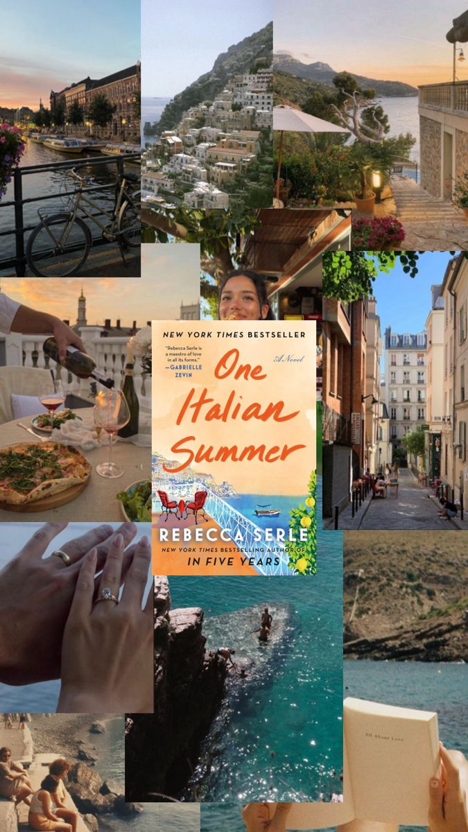 a collage of photos with people, buildings and water in the middle one has an italian summer book on it