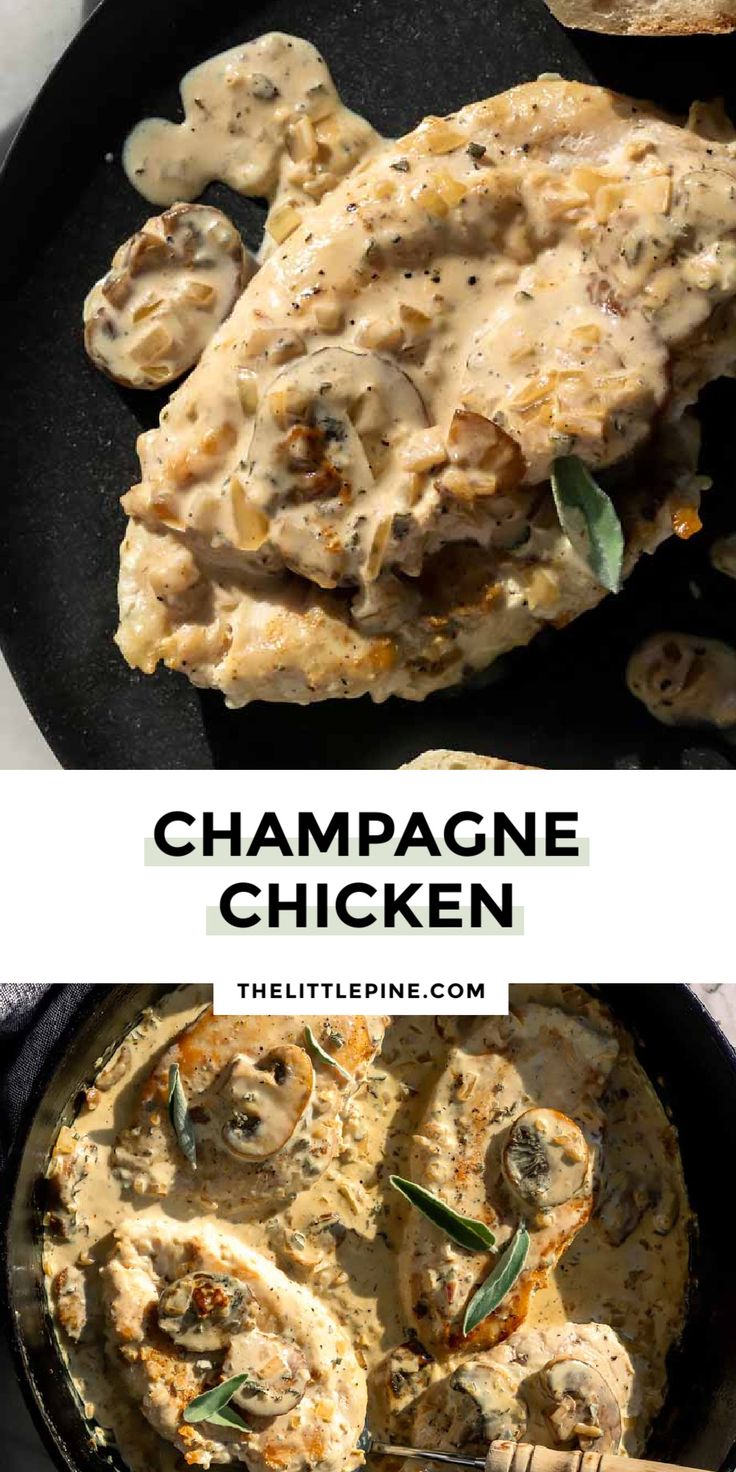 chicken with mushroom sauce in a skillet and the words champagne chicken on top are above it