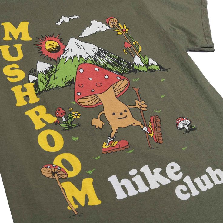 The Mushroom Hike Club tee - perfect for your next outdoorsy adventure! Thick, comfy cotton in a classic fit, plus eye-catching green and graphics. Neck and shoulder tape? All-round style and comfort? ALT5164 Green Graphic Tee For Outdoor, Cotton T-shirt With Funny Print For Outdoor Activities, Outdoor Green T-shirt With Graphic Print, Green Graphic Print Outdoor T-shirt, Green Graphic Tee For Outdoor Activities, Green Graphic Print T-shirt For Outdoor, Outdoor Cotton T-shirt With Funny Print, Green Graphic Print T-shirt For Camping, Retro Outdoor Graphic Print T-shirt