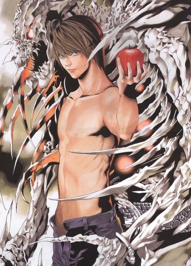 an image of a man with no shirt holding an apple in front of his body