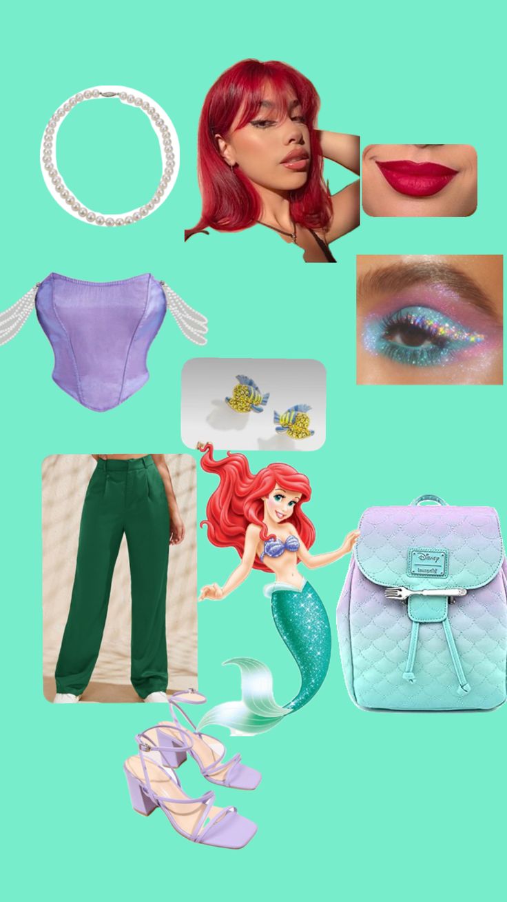 the little mermaid costume is shown with accessories and makeup on it's side, including a