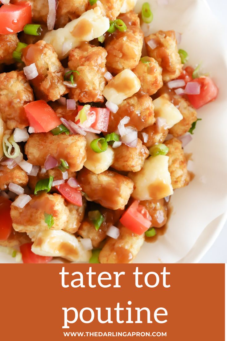 Tater tot poutine on a parchment lined white platter. Overhead shot Tater Tot Bar Toppings, Tator Tot Poutine, Tater Tot Poutine, Loaded Tater Tot, French Fry Recipe Baked, Chicken Gumbo Soup, Poutine Fries, Cheesy Tater Tots, Perfect Pot Roast