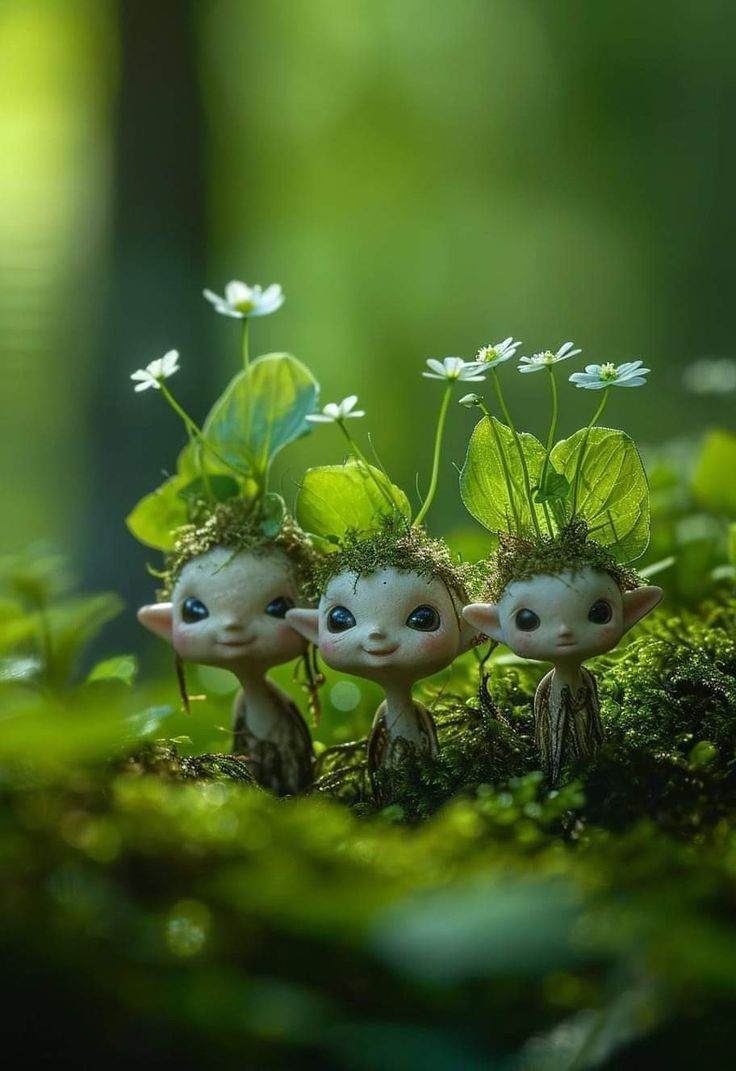 three little elves are sitting in the moss with flowers growing out of their heads and eyes