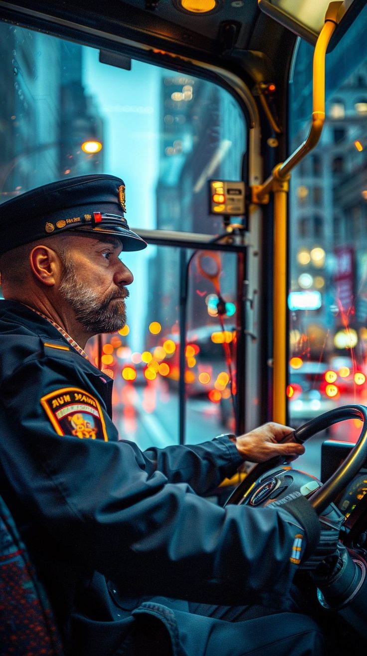 a man in uniform driving a bus at night