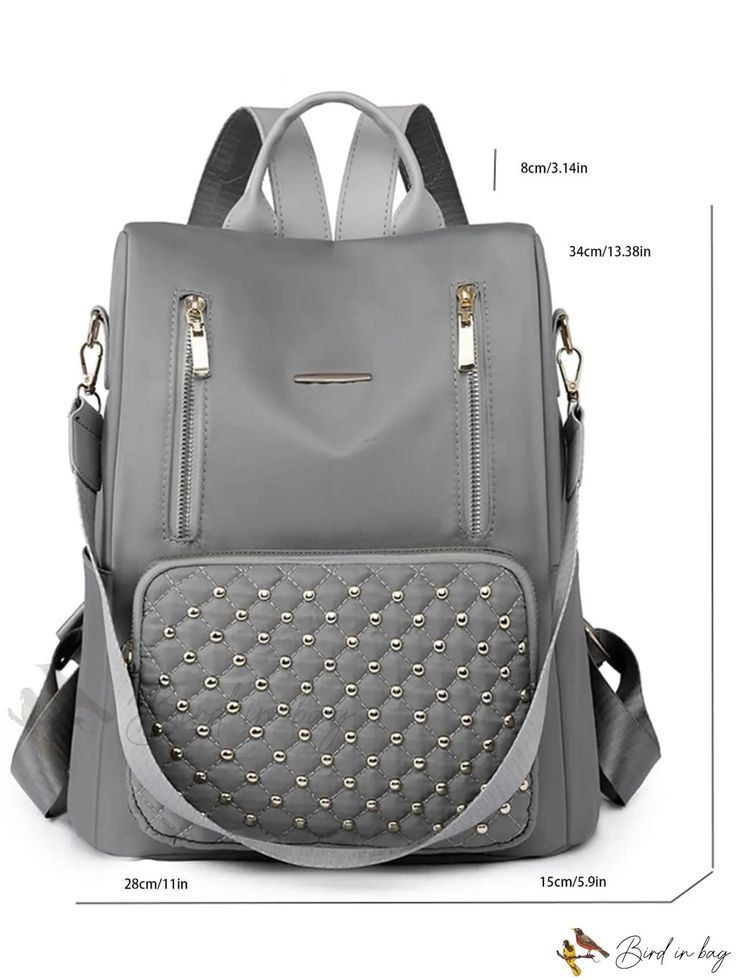 Bird in Bag - Functional Rivet Backpack Trendy Rectangular Gray Backpack, Trendy Gray Rectangular Backpack, Gray Rectangular Backpack With Zipper, Gray Rectangular Backpack With Zipper Closure, Gray Anti-theft School Bag, Versatile Gray Backpack With Zipper Closure, Functional Backpack, Photography Decor, Travel Daypack