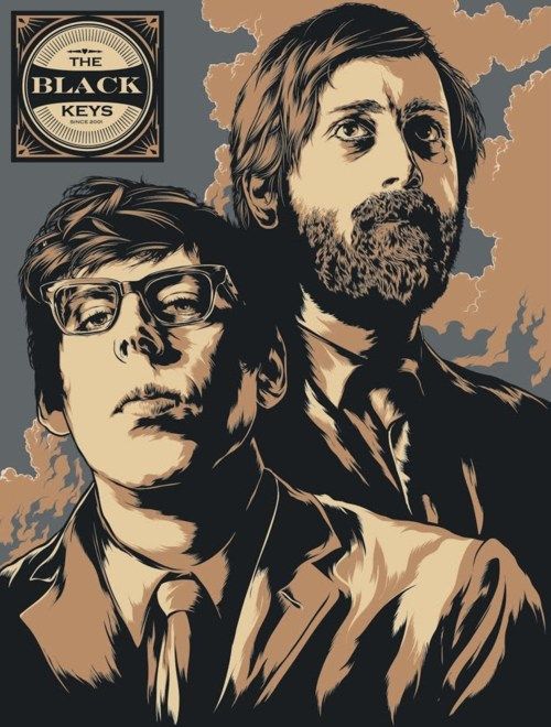 the black keys poster with two men wearing glasses and one is staring at something in the distance