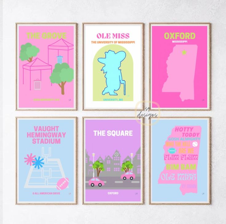 four posters with different types of buildings and trees in pink, blue, green, yellow, and purple