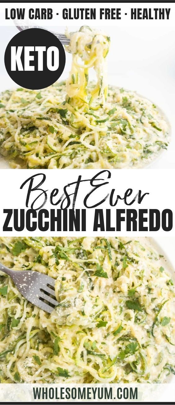 broccoli and zucchini alfredo on a white plate with the words low carb gluten free healthy