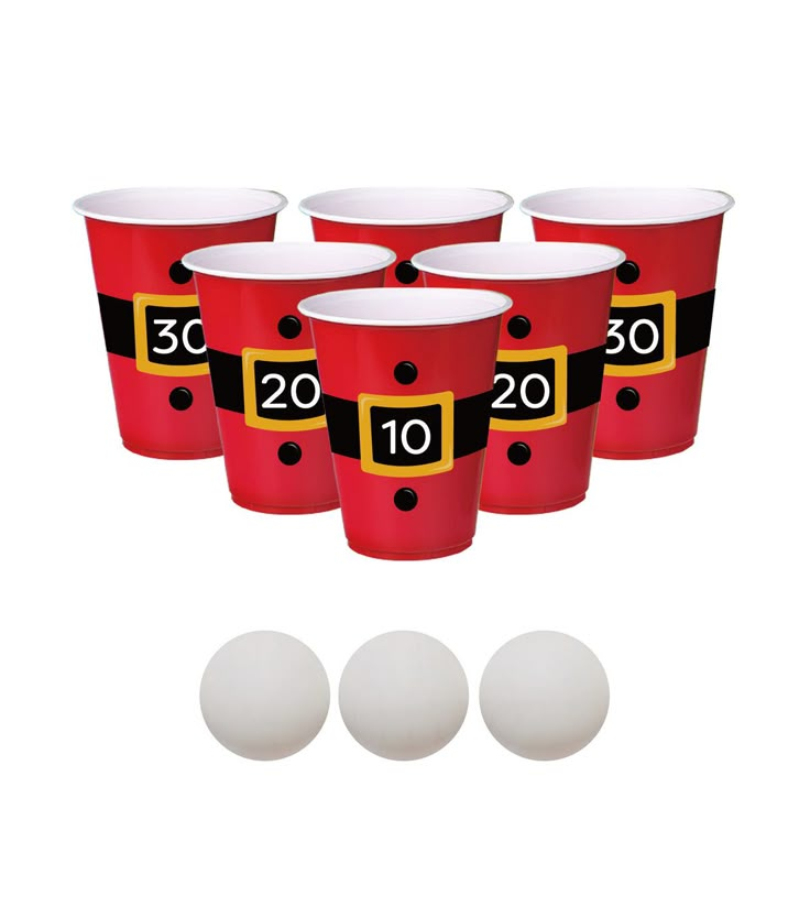 six red cups with numbers on them and four white balls in the foreground, all lined up next to each other