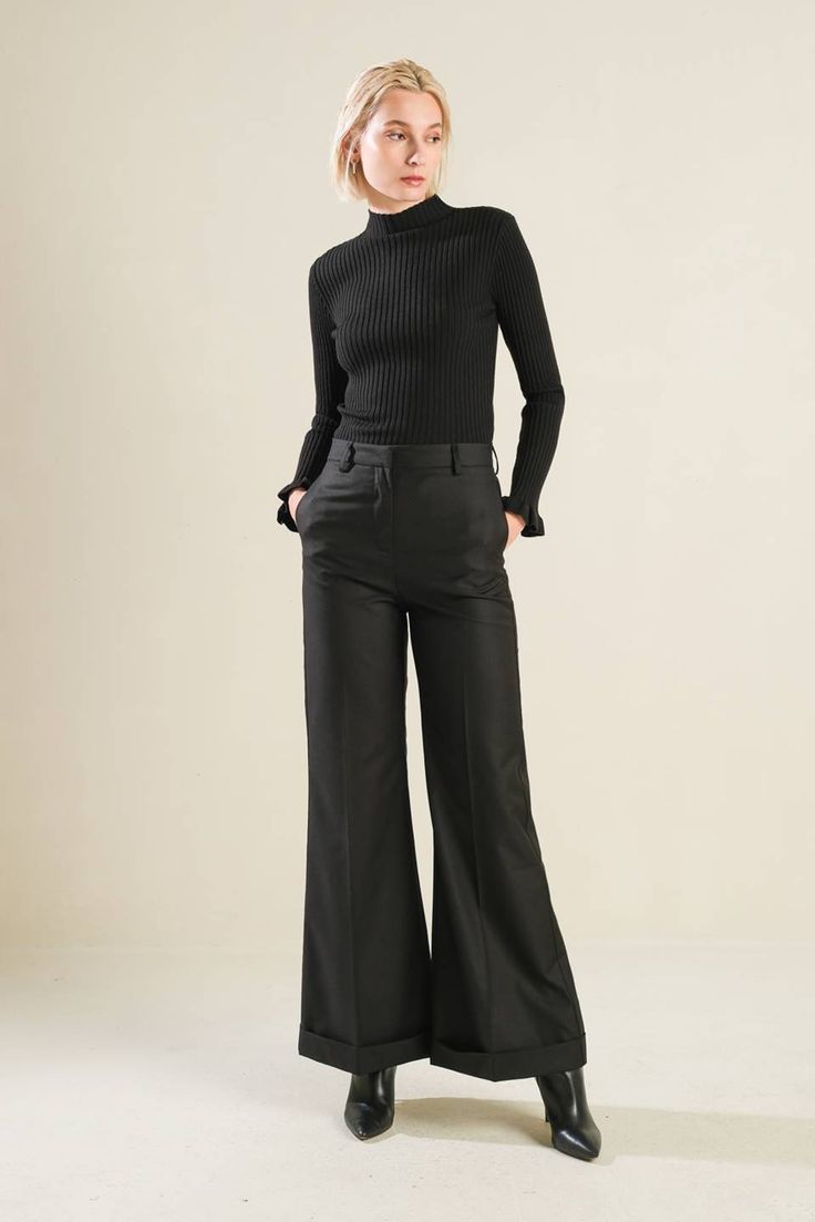 A woven pant with flare leg Details: Self: 97% Polyester 3% Spandex Size & Fit - Model is 5`8" And Wearing Size Small- Measurements Taken From Size Small- Approx. Length: 42" Inseam- 30" Elegant Black High-waisted Flare Pants, Elegant Black High-waisted Flares, Elegant Black Flares For Night Out, Fall Full Length Flares For Night Out, Full Length Flares For Fall Night Out, Full Length Flares For Night Out In Fall, Black Flare Bottoms For Business Casual, Black Flare Wide Leg Pants For Business Casual, Black Wide-leg Flares For Workwear