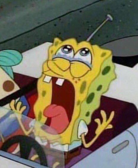 spongebob is driving in the back of a car with his mouth open and tongue out