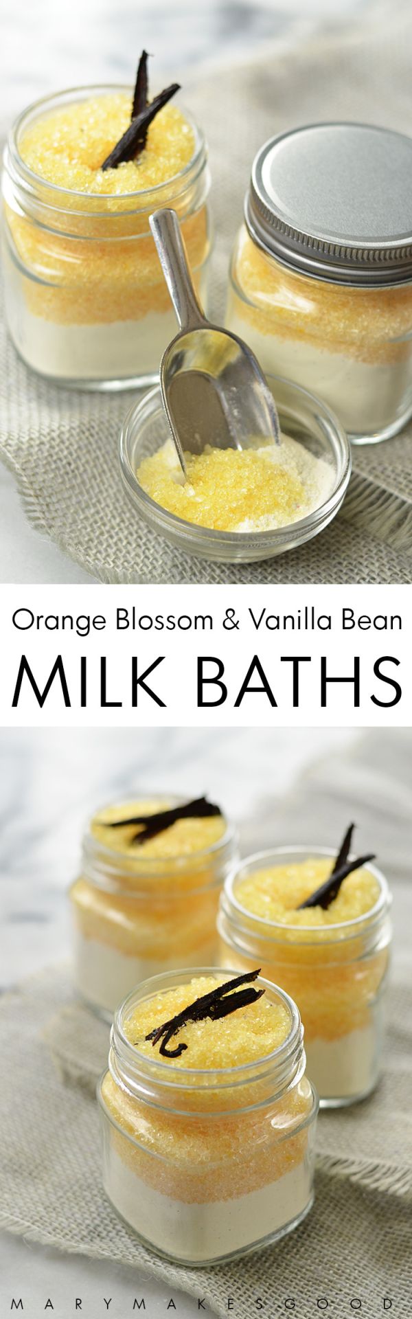 orange blossom and vanilla bean milk bath souffles in glass jars with spoon