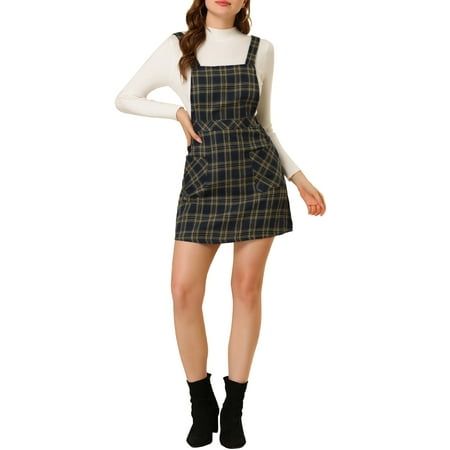 Add a versatile layer to your new-season wardrobe with this suspender dress. Simple and classic design with above knee length and A-line silhouette. Front Button and button decor underscore the casual cool of these plaid printed overalls. Versatile and Casual, the piece features button decor details, front pocket and A-line. With classic Overalls dress design and vintage plaid fabric, layered with a solid color top and bag for an everyday look! Occasion: Dating, Daily, Casual, Shopping, Gatherin Preppy Mini Dress For Fall, Casual Fitted Suspender Dress For Fall, Casual Knee-length Pinafore Dress For Fall, Casual Knee-length Mini Dress With Adjustable Straps, Casual Fitted Knee-length Suspender Dress, Casual Fitted Knee-length Pinafore Dress, Casual Knee-length Fitted Pinafore Dress, Fitted Knee-length Pinafore Dress For Fall, Knee-length Fitted Pinafore Dress For Fall