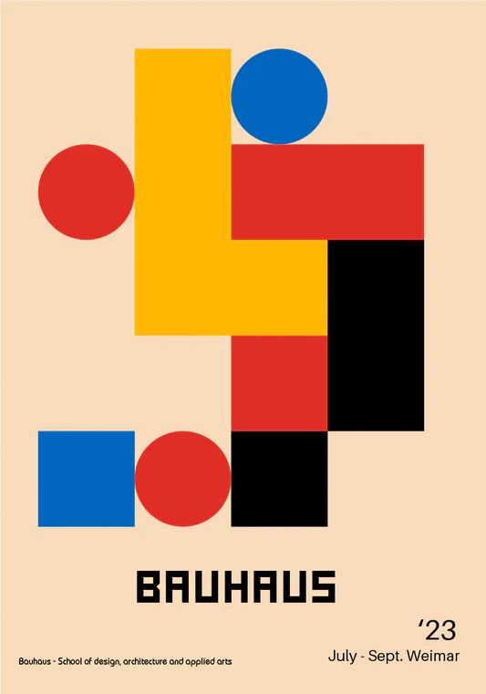 the poster for bauhus is shown in red, yellow and blue colors with an abstract