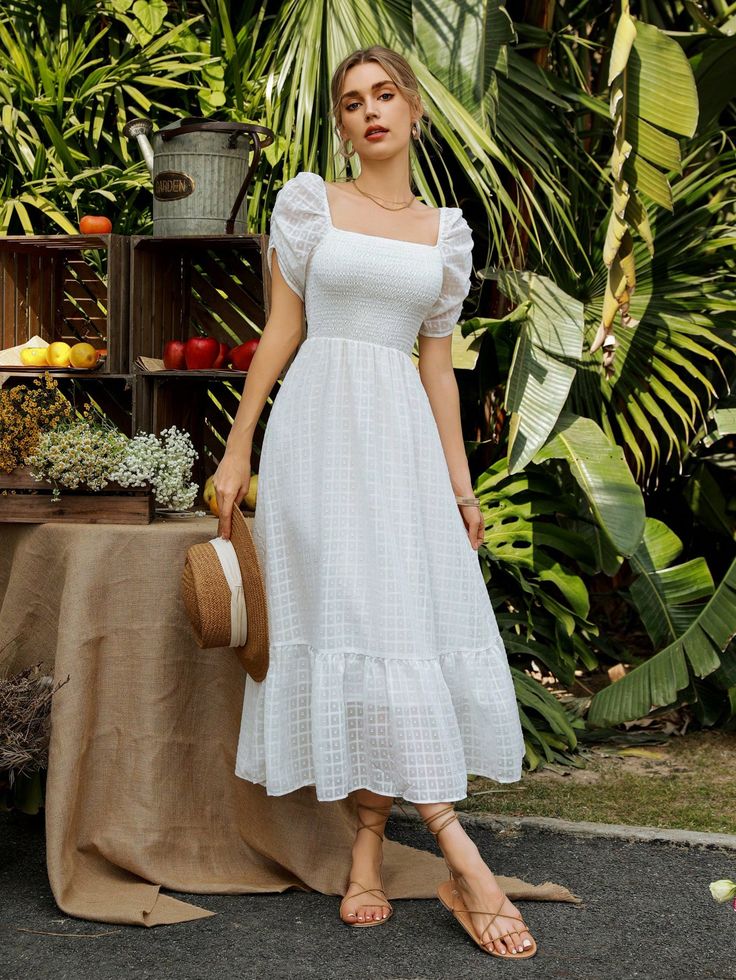 White Elegant,Boho Collar Short Sleeve Woven Fabric Plain A Line Embellished Non-Stretch  Women Clothing Modest And Elegant Dresses, Short Sleeve Ideas For Dresses, Indian Women Fashion Dresses, Short Frocks Poses, Shein Graduation Outfits, Sleeves For Frocks, Collar Neck Frocks For Women, White Frocks For Women Western, Simple Dress Design Ideas