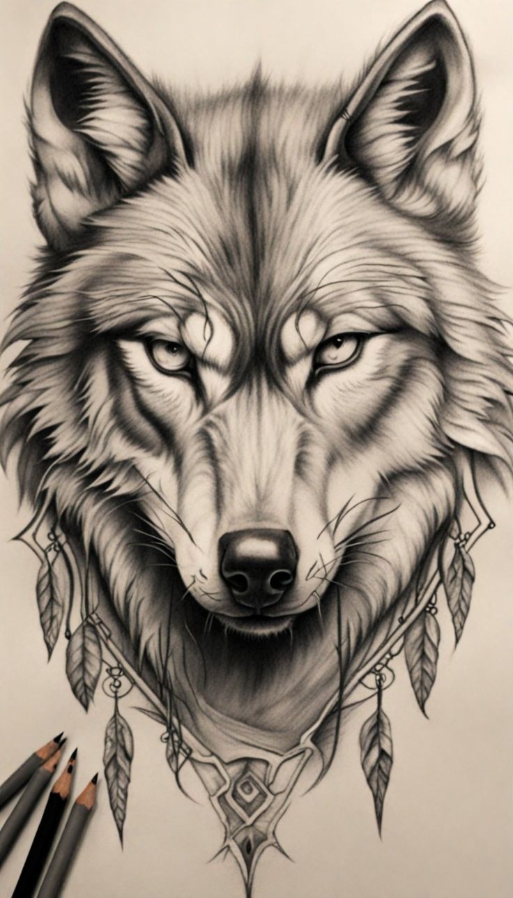 a drawing of a wolf with feathers on it's head