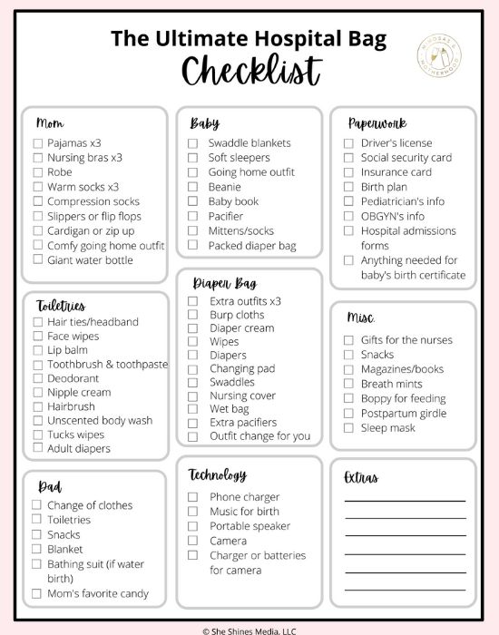 the ultimate hospital bag checklist is shown in this printable form, with instructions to help