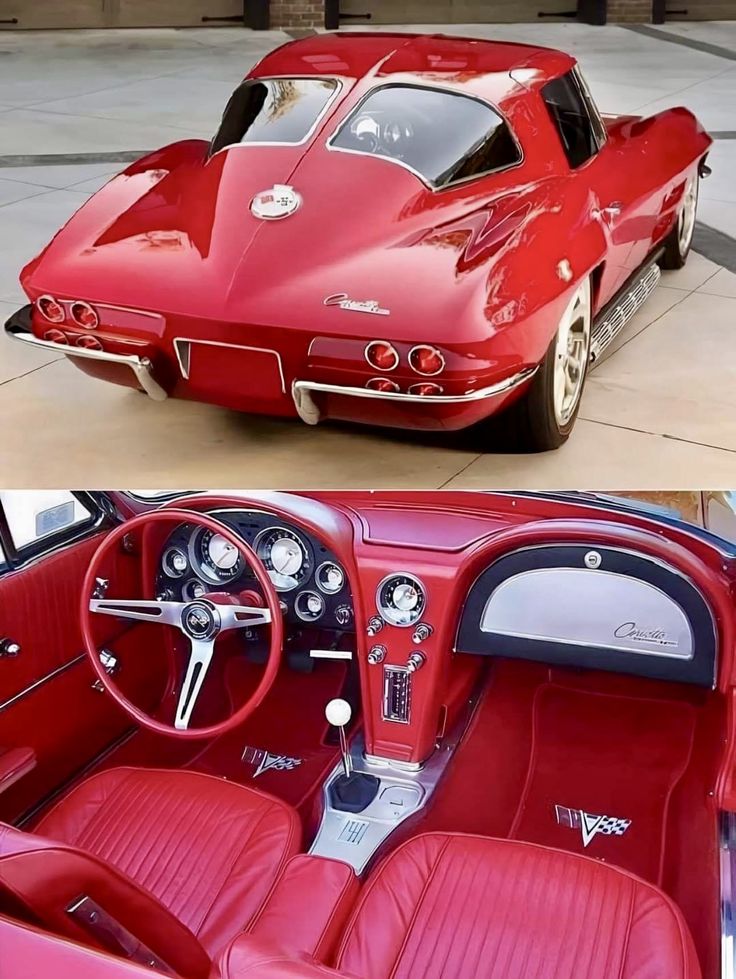 the interior and dashboard of a red sports car, before and after it was painted