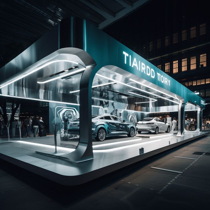 a display case with cars on it in the middle of a parking lot at night