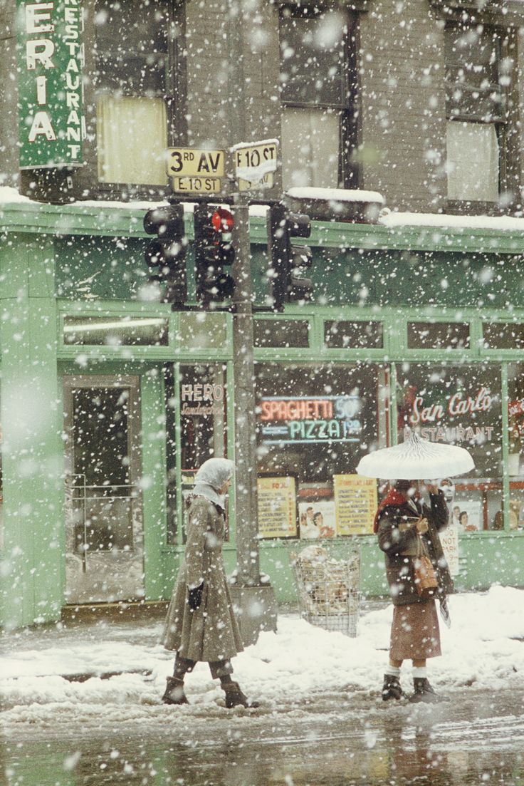 two people are walking in the snow under an umbrella on a city street with traffic lights