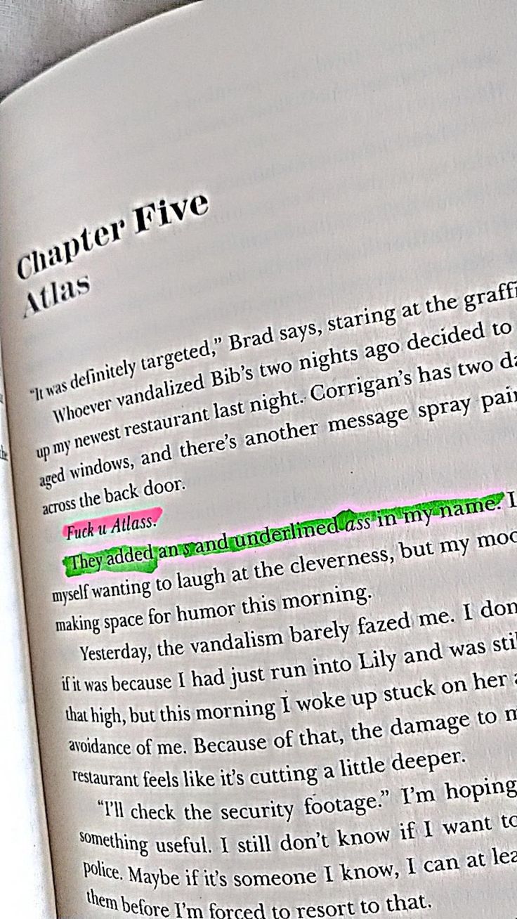 an open book with the words charter five on it's page, in pink and green