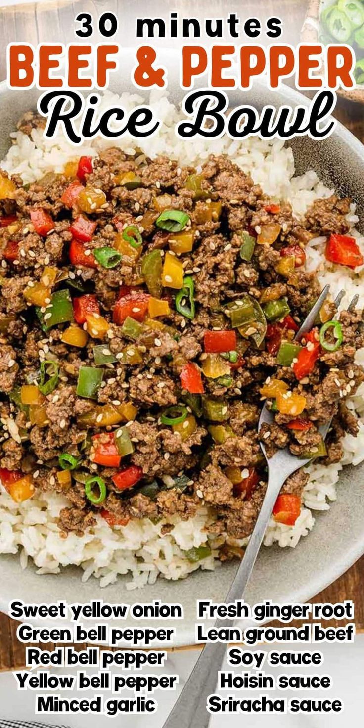 the recipe for beef and pepper rice bowl is shown