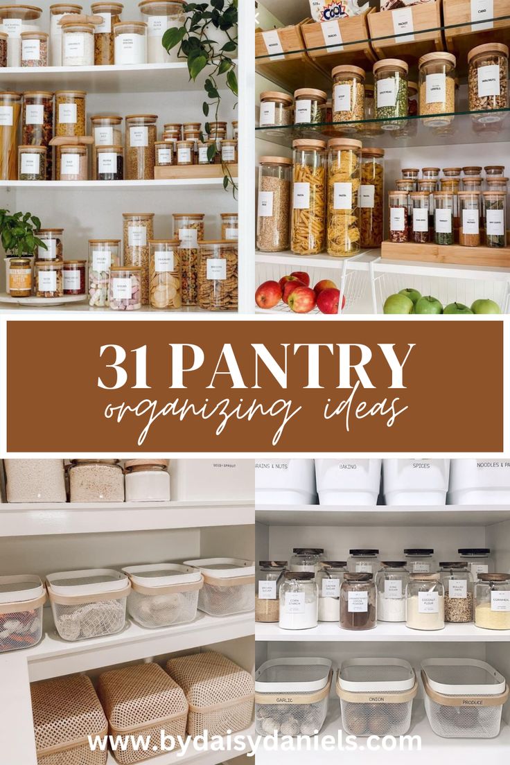 an organized pantry with jars and containers filled with food, labeled pantry organizing ideas for small spaces