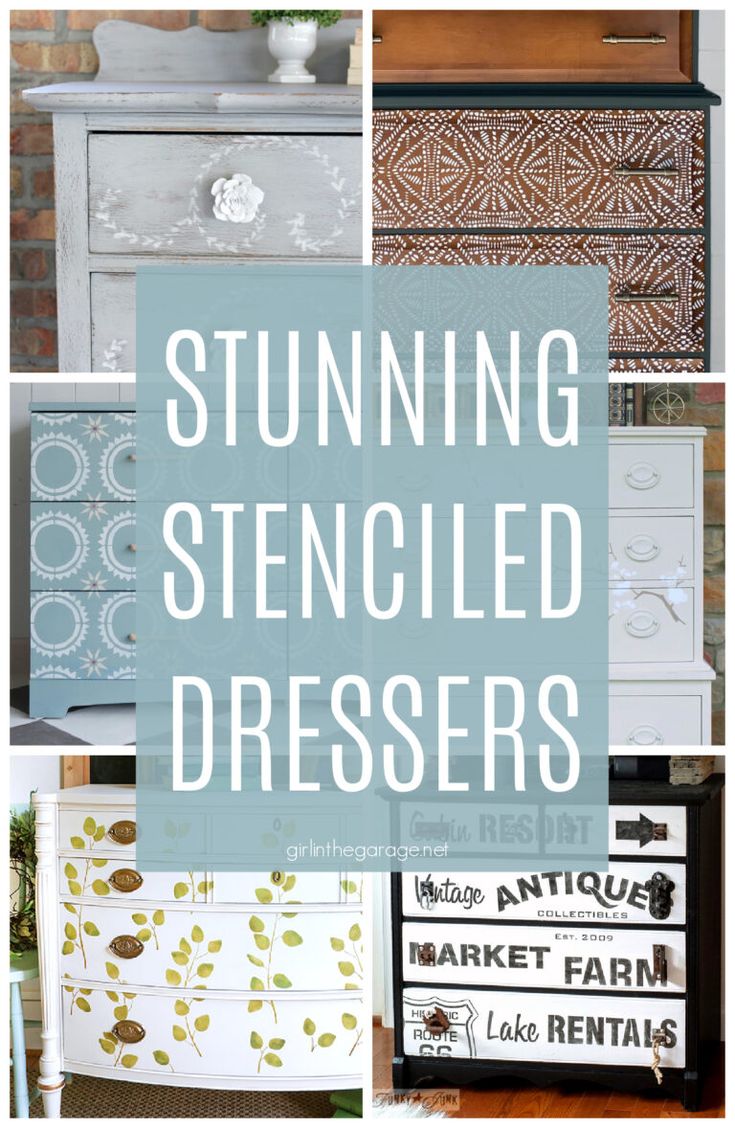 the words, stunning stenciled dressers are overlaid with images of painted furniture