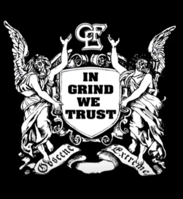 the logo for grind we trust, with angels holding their hands up in front of them