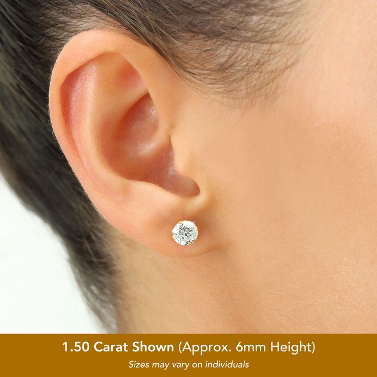 Show elegance and class with our 1.50 Ct Lab Diamond earrings. Made to last a lifetime and have you feel like a Queen Made from solid 14k gold and set with VS1 clarity certified lab-grown diamonds. Both diamonds come with a certificate and serial number.Materials and more InfoSolid 14k GoldDiamond Clarity: VS1Diamond Color: E/F1.50 CTW Certified Lab-grown DiamondsDiamond Diameter: Approx. 6mmSecure Screw-backSecure three-prong settingRetails $1798.985-Day production time Classic Aaa Quality Cubic Zirconia Diamond Earrings, Aaa Quality Classic Round Cut Diamond Earrings, Classic Aaa Quality Round Cut Diamond Earrings, Gold Gemstone Ring, Diamond Stud Earrings, Diamond Stud, Gemstone Engagement Rings, Gold Chain Necklace, Lab Diamonds