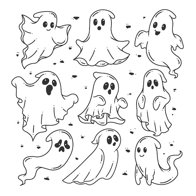 halloween ghostes with different expressions in black and white