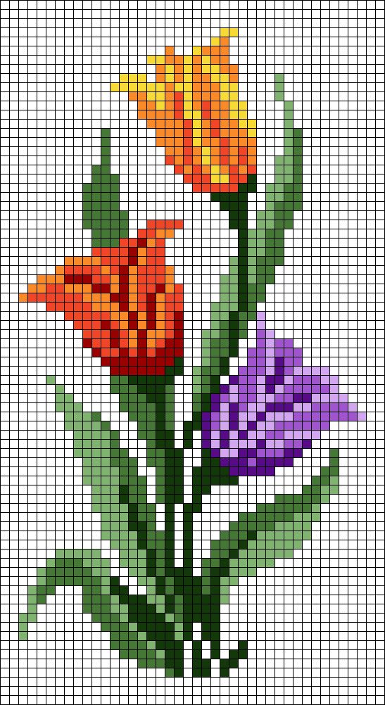 an image of three flowers on a cross - stitch pattern in shades of purple, orange and yellow