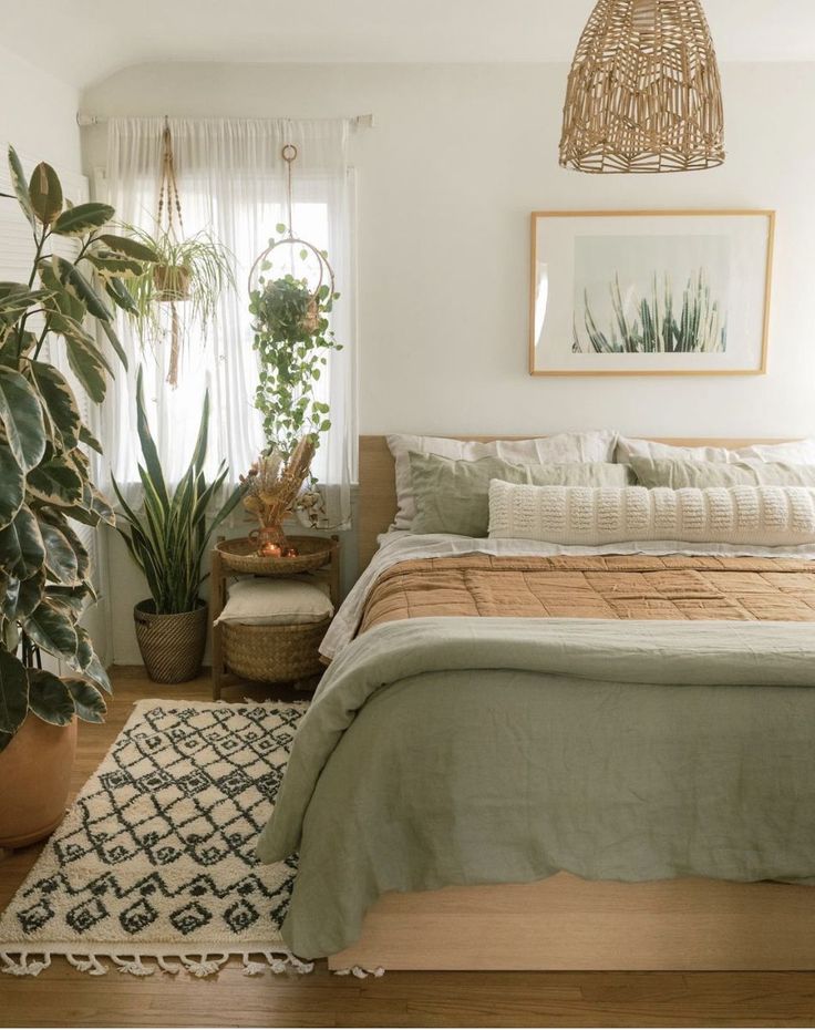 Green Comforter Bedroom, Textured Rug, Sage Green Bedroom, Warm Interior, Casa Vintage, Natural Design, Comfortable Bedroom, Apartment Decor Inspiration, Room Makeover Bedroom