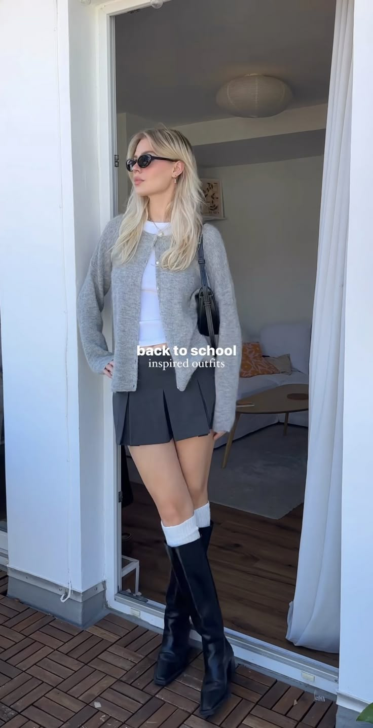 Cardigan Boots Outfit, Grey Tennis Skirt Outfit Summer, Gray Skirt Outfit Fall, Gray Cardigan Outfit Aesthetic, Outfit With Gray Skirt, Current Outfit Trends, Skirt Gray Outfit, Gray Skirt Outfits, Gray Boots Outfit