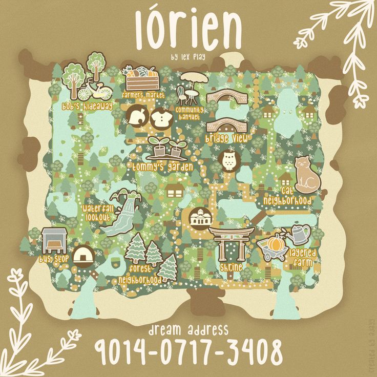 an illustrated map of the town of iorienn, with trees and animals on it