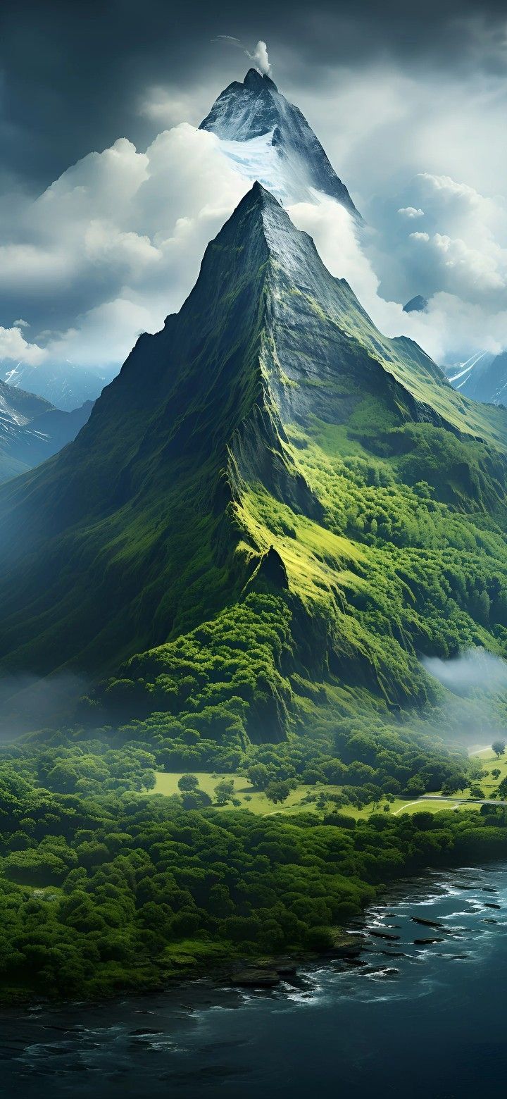 an artistic painting of a mountain with green grass on the bottom and clouds in the background