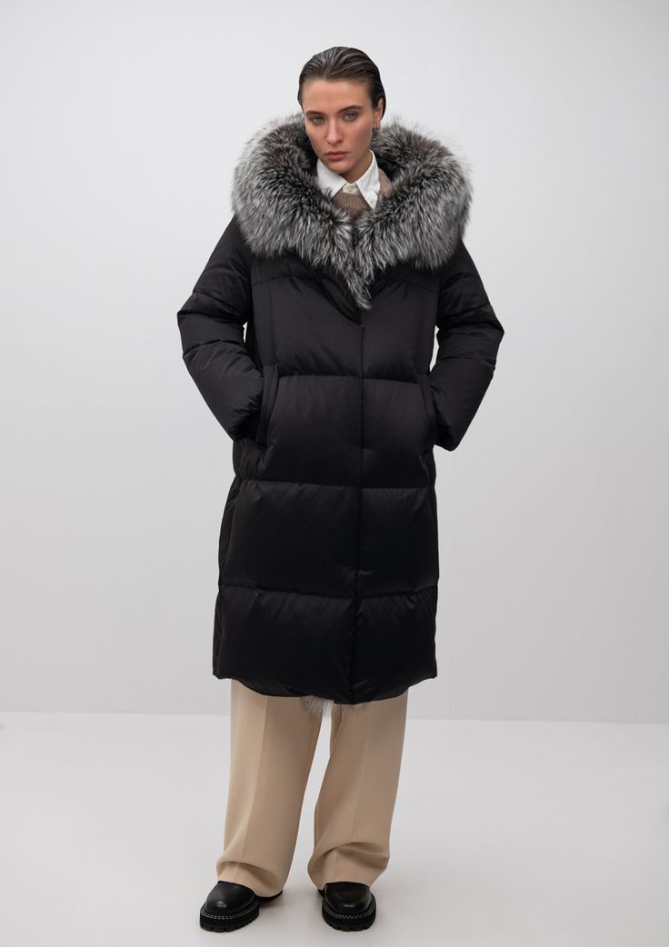 Description: Alaska® presents 2023 Winter Collection of modern warmest parka. With rich Silver fox fur trim outside, white goose down fill insulation inside, this parka will be your best companion for coldest outdoor activities. Made of high-quality water-repellent fabric parka can effortlessly withstand temperatures up to -25°C. 2 in 1 style: fully removable fur turns parka to beautiful puffer coat. Product Details: Temperature range: up to -25°C (-13°F) Trim: genuine Silver fox fur Filling: 90 White Goose, Fur Parka, White Feathers, Silver Fox, White Ducks, Down Parka, Water Repellent Fabric, Fox Fur, Fur Collars