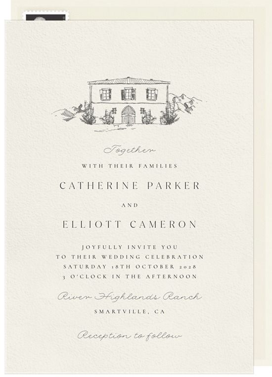 the front and back of a wedding card with an image of a house on it