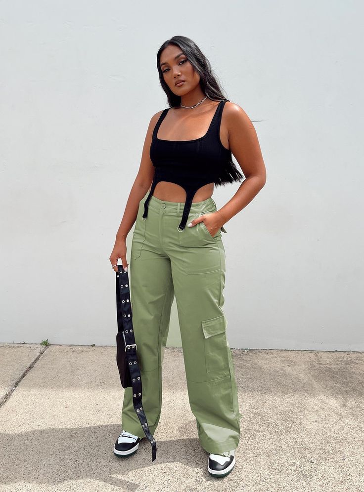 Pants    Relaxed fit  Princess Polly Exclusive  Rheanna is wearing a size AU 10 / US 6  100% cotton  Length of size 8 waist to hem: 106cm / 41.7"  Mid rise   Zip & button fastening   Belt looped waist   Oversized pockets     Wide leg   Non-stretch   Unlined Cargo Pants Green, Oversized Pockets, Festival Pants, Baby Crop Top, Pink Formal Dresses, Coachella Outfit, Pants Green, Corsets And Bustiers, Long Sleeve Tops Casual