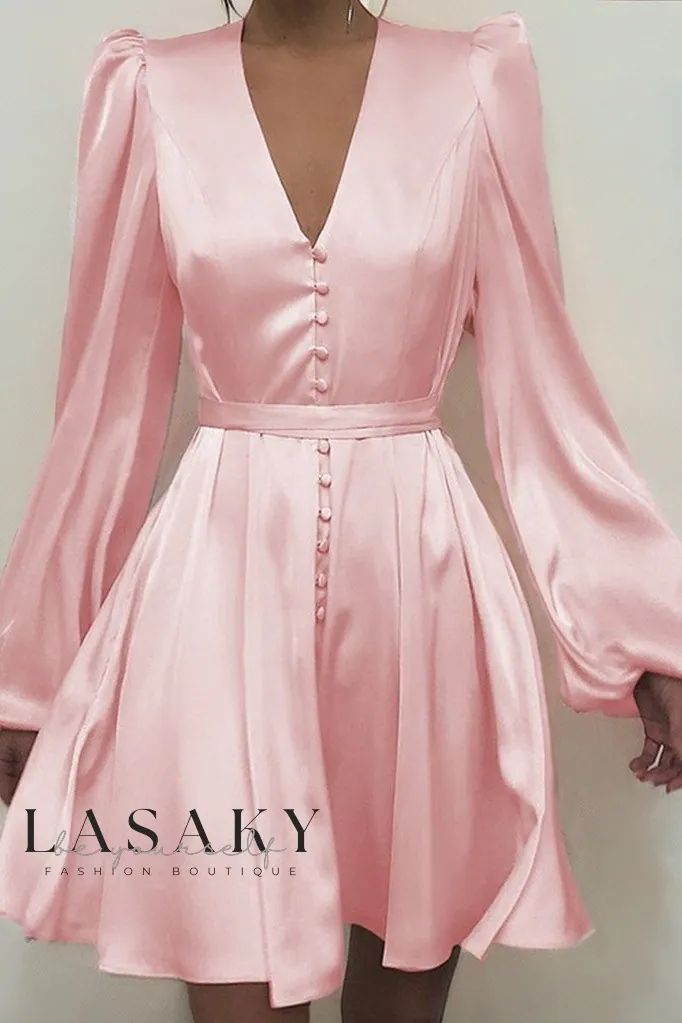 Lasaky - Elegantly Designed Multicolor V-Neck Long Sleeve Dress with Slim Fit and Belted Detailing Sukienki Plus Size, Short Dress Styles, Lantern Sleeve Dress, Retro Mode, Short Dresses Casual, Slim Dresses, Midi Dress With Sleeves, Lantern Sleeve, Mini Dress With Sleeves