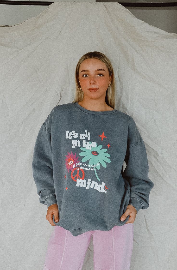 Can we even with this sweatshirt!! It is so unique and fun. It features puff print font, the coolest graphics and an oversized fit. If you want an even more oversized fit, size up. Miranda is 5'4" and wearing a size large. 70% COTTON 30% POLYESTER Cotton Graphic Print Sweats For Loungewear, Trendy Relaxed Fit Crew Sweats, Cool Letter Print Sweatshirt For Streetwear, Relaxed Fit Letter Print Sweats For Fall, Spring Graphic Print Crew Neck Sweats, Trendy Soft-washed French Terry Tops, Spring Graphic Tee Sweatshirt For Streetwear, Graphic Tee Sweatshirt For Spring Streetwear, Cool Cotton Crew Neck Sweatshirt