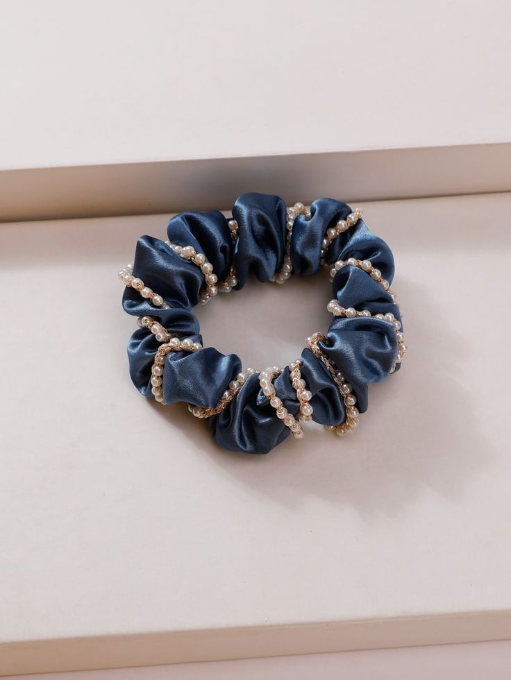 Navy Blue Casual   Polyester  Decorative Hair Tie Embellished   Women Accessories Hair Accessories Scrunchies, New Scrunchies Idea, Shein Hair Accessories, Fancy Scrunchies, Beaded Scrunchie, Scrunchies With Pearls, Handmade Rakhi Designs, Navy Blue Scrunchie, Hair Ties Diy