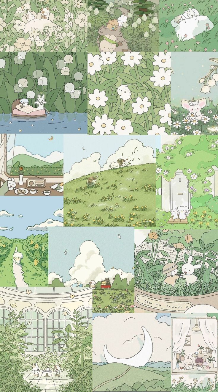 a collage of different scenes with flowers and trees in them, including the sky