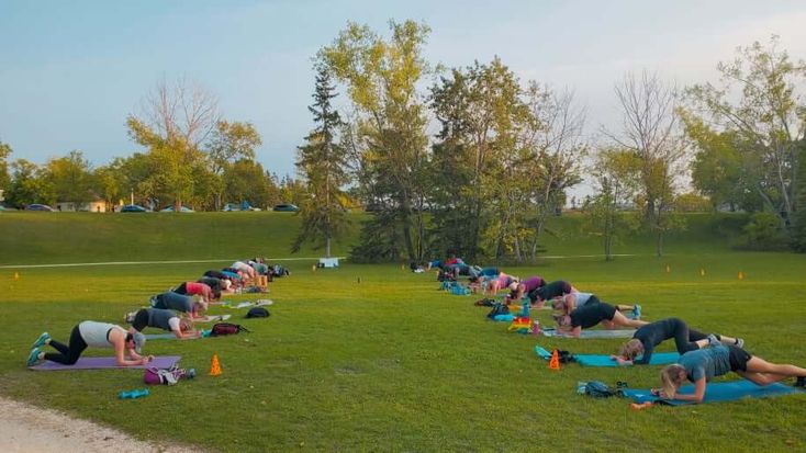 a group of people doing yoga on mats in the middle of a grassy area with trees behind them