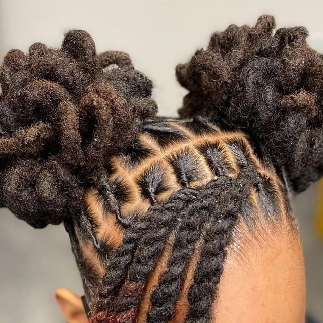 Women Locstyles on Instagram: “Pompom petals by @janai.stylez Can never go wrong with Petal Buns 🌸🌸 #Janai.stylez #locs #locstyles #loctician #loccurls…” Dreadlock Hairstyles For Birthday, Loc Pedal Hairstyles, Heart Barrel Twist Locs, Two Ponytails With Locs, Dread Bun Styles Women, Dread Locks Hairstyles, Half Up Half Down Dread Styles, Lock Styles For Women Dreadlocks, Kids Dreads Hairstyles