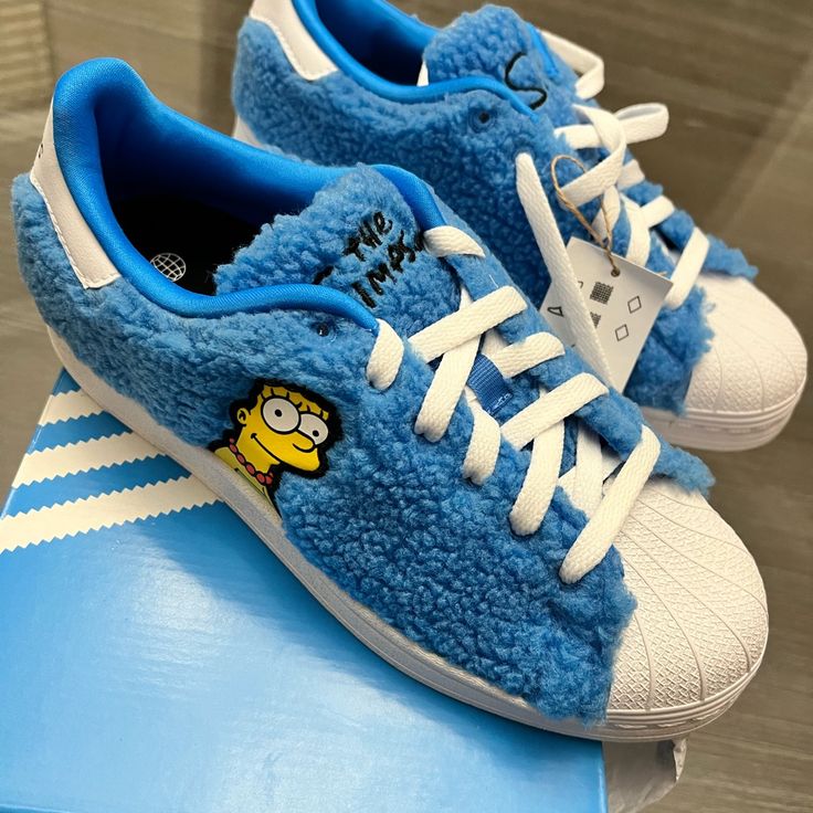 Boys Size 6 Superstar Simpson Adidas, New Never Worn. Blue Custom Sneakers With Round Toe, Winter Sports Blue Sneakers, Blue Low-top Sneakers For Winter, Casual Blue Winter Sneakers, Blue Winter Sports Sneakers, Comfortable Blue Sneakers With Rubber Sole, Comfortable Blue Sneakers With Laces, Blue Synthetic Sneakers With Vulcanized Sole, Adidas Custom Blue Sneakers With Boost Midsole