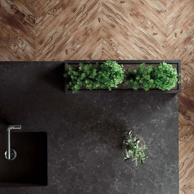 an overhead view of a black table with green plants on it and a sink in the middle