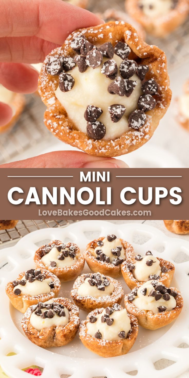 Mini Cannoli Cups pin collage Amazing Party Food, Mini Canolli Cups, Mini Cannoli Bites, Christmas Cup Desserts, Holiday Dessert For A Crowd, Holiday Mini Desserts, Canoli Cups Easy, Cannoli Cups Mini, Thanks Giving Desert Ideas